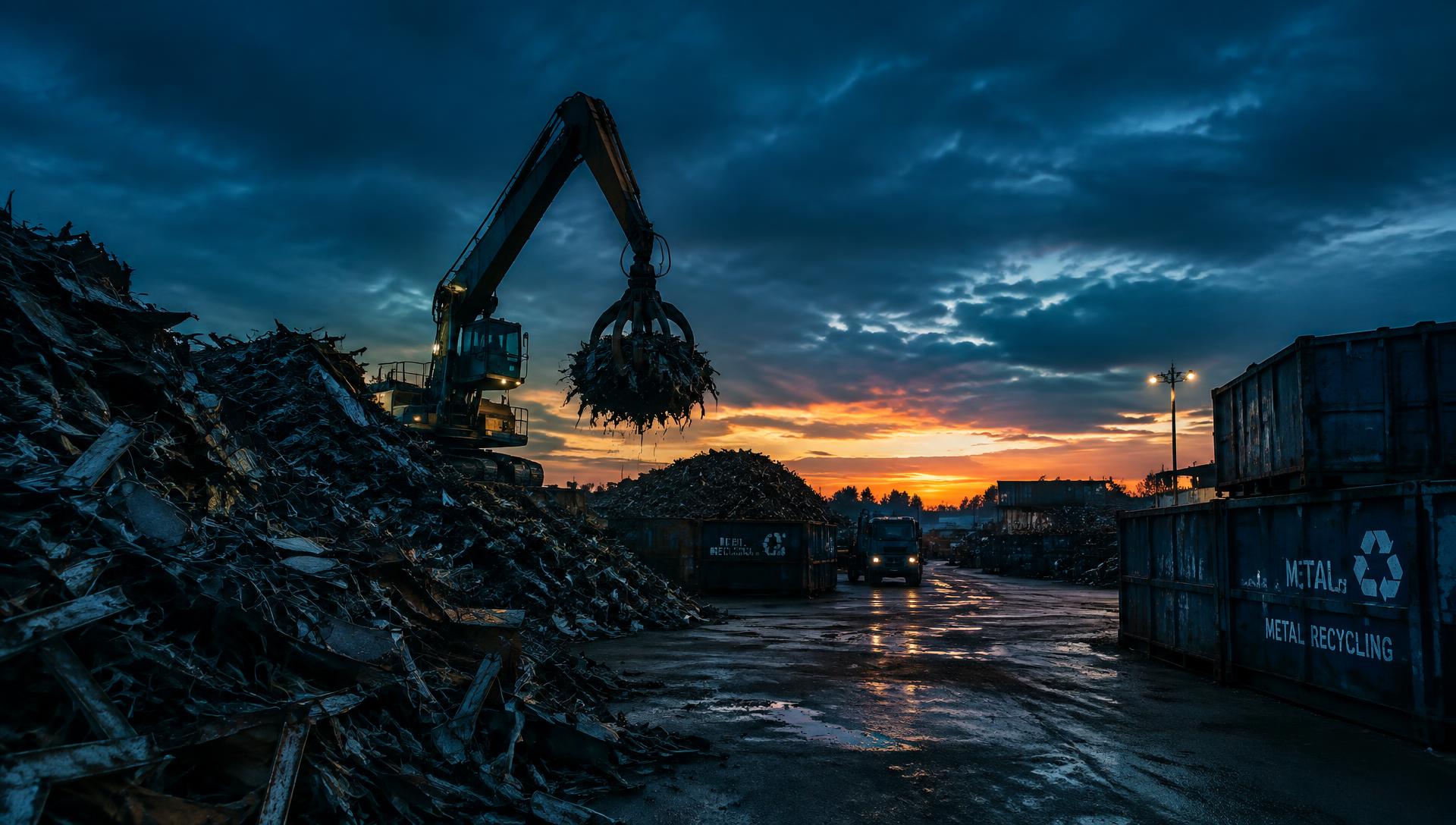 Scrap metal recycling yard with crane at dusk